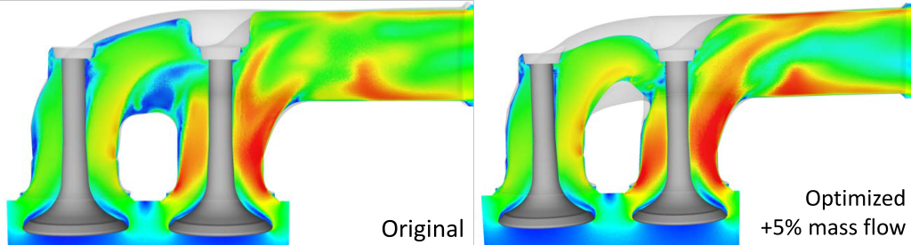 Cross sectional CFD simulation of an original exhaust port (left) with an optimised exhaust port (right) with a colour map showing the mass flow