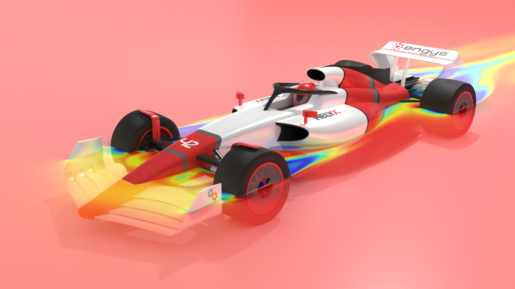 Prospective view of a branded CAD model of a Formula 1 car with a coloured horizontal slice