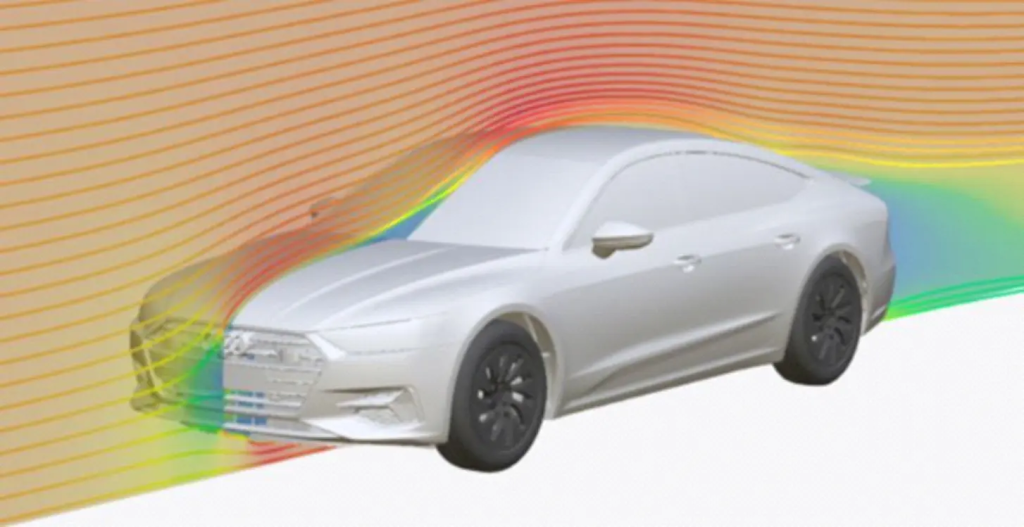 Prospective view of an Audi sedan CAD model with coloured streamline slice through the centre