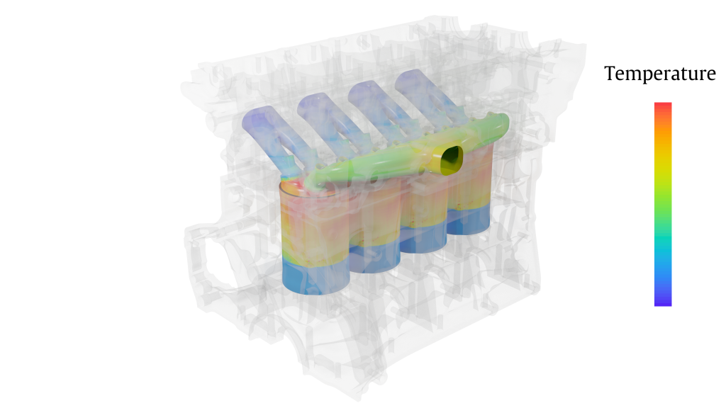 3D CAD model of the engine assembly showing the temperature of the mapped surfaces with a coloured scale    