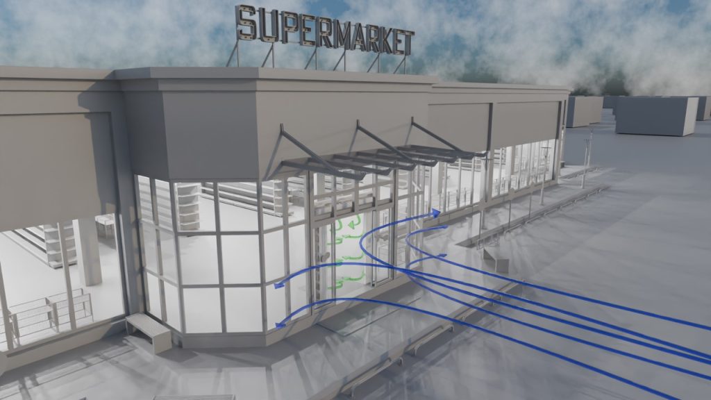 Image showing supermarket frontage with blue airflow arrows being deflected by an AirDoor 